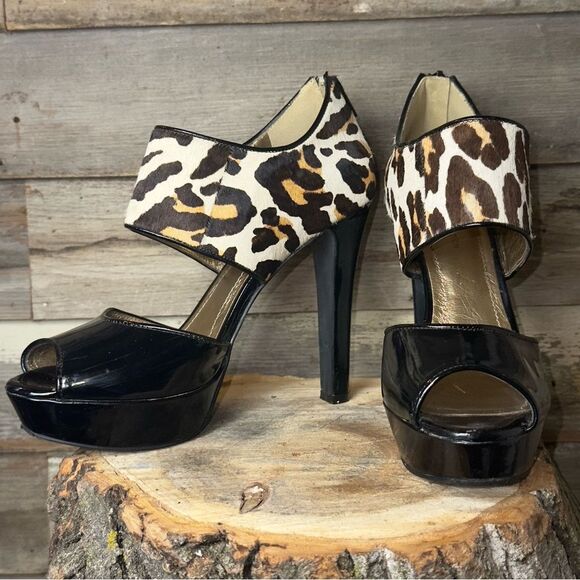 BCBGeneration Black and Cheetah Patent Leather Platform Strappy Pumps sz 8 - Picture 3 of 8